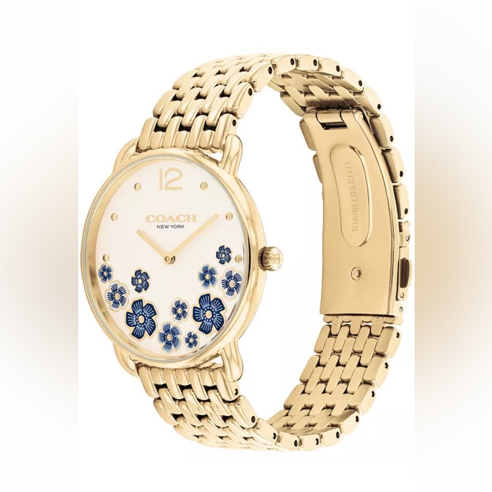 Coach Gold Tone Watch with Blue Floral Dial - Picture 1 of 6
